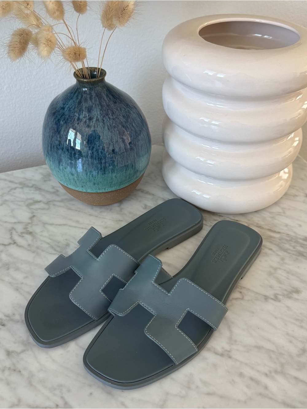 Hermes Women’s Oran Slide Sandals in Bleu Pinede - Picture 3 of 6